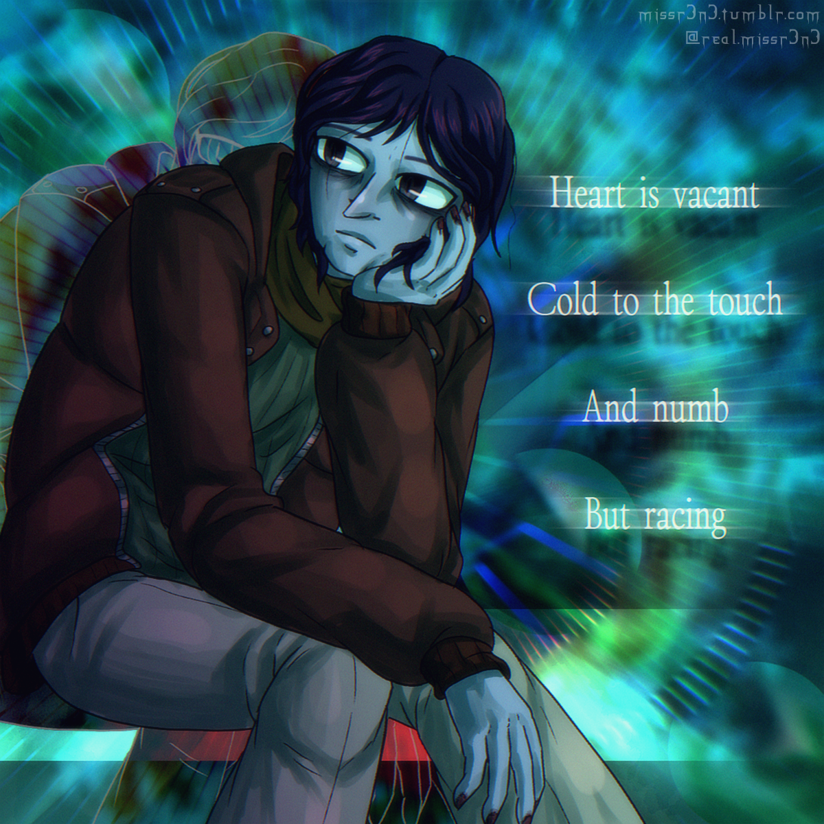 illustration of coat guy in a sitting pose in front of an abstract, blue and green background. text to his right reads 'heart is vacant, cold to the touch, and numb, but racing